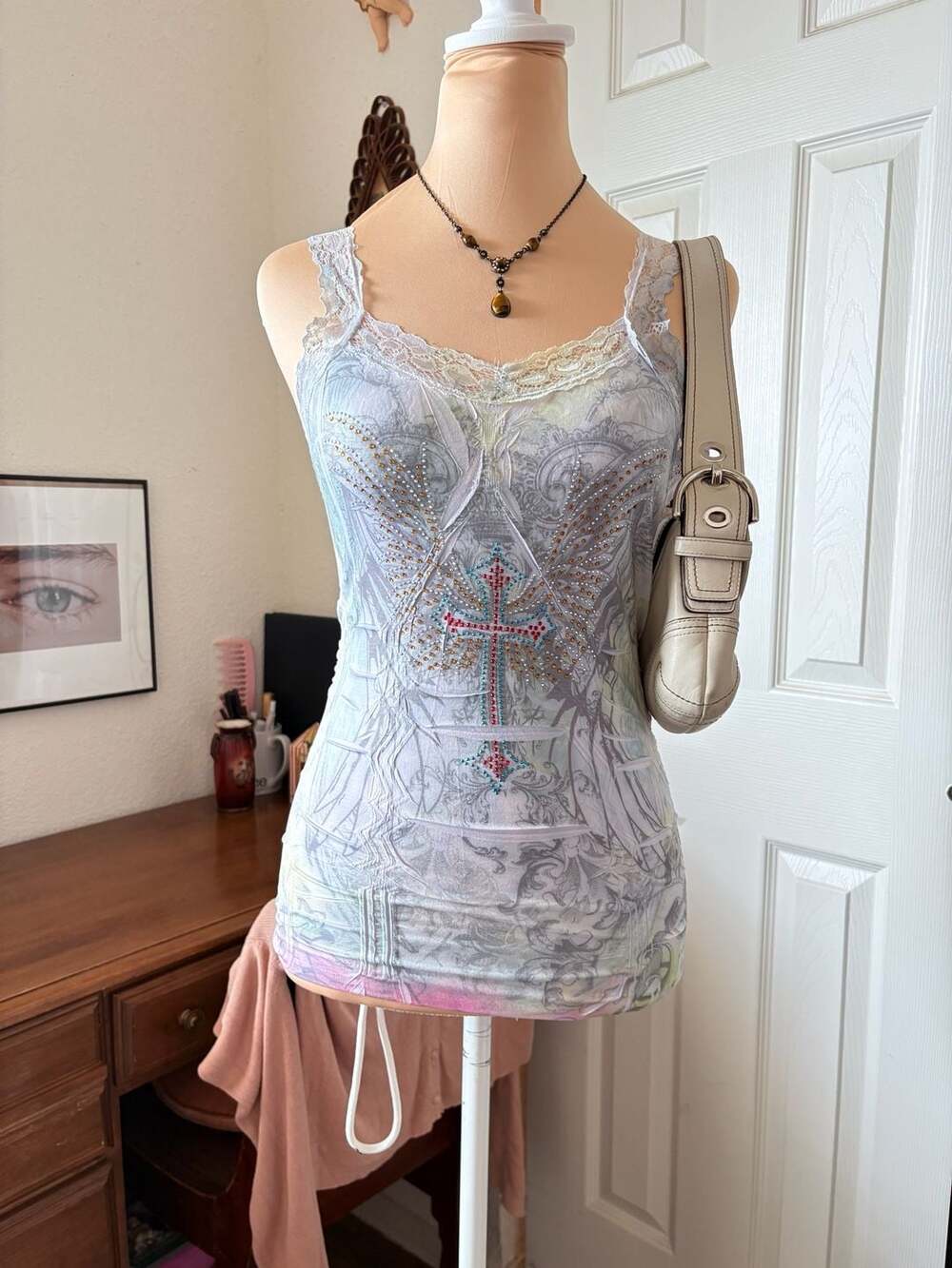 Vintage Y2K Rhinestone Cross Cami Top Fairy Grunge